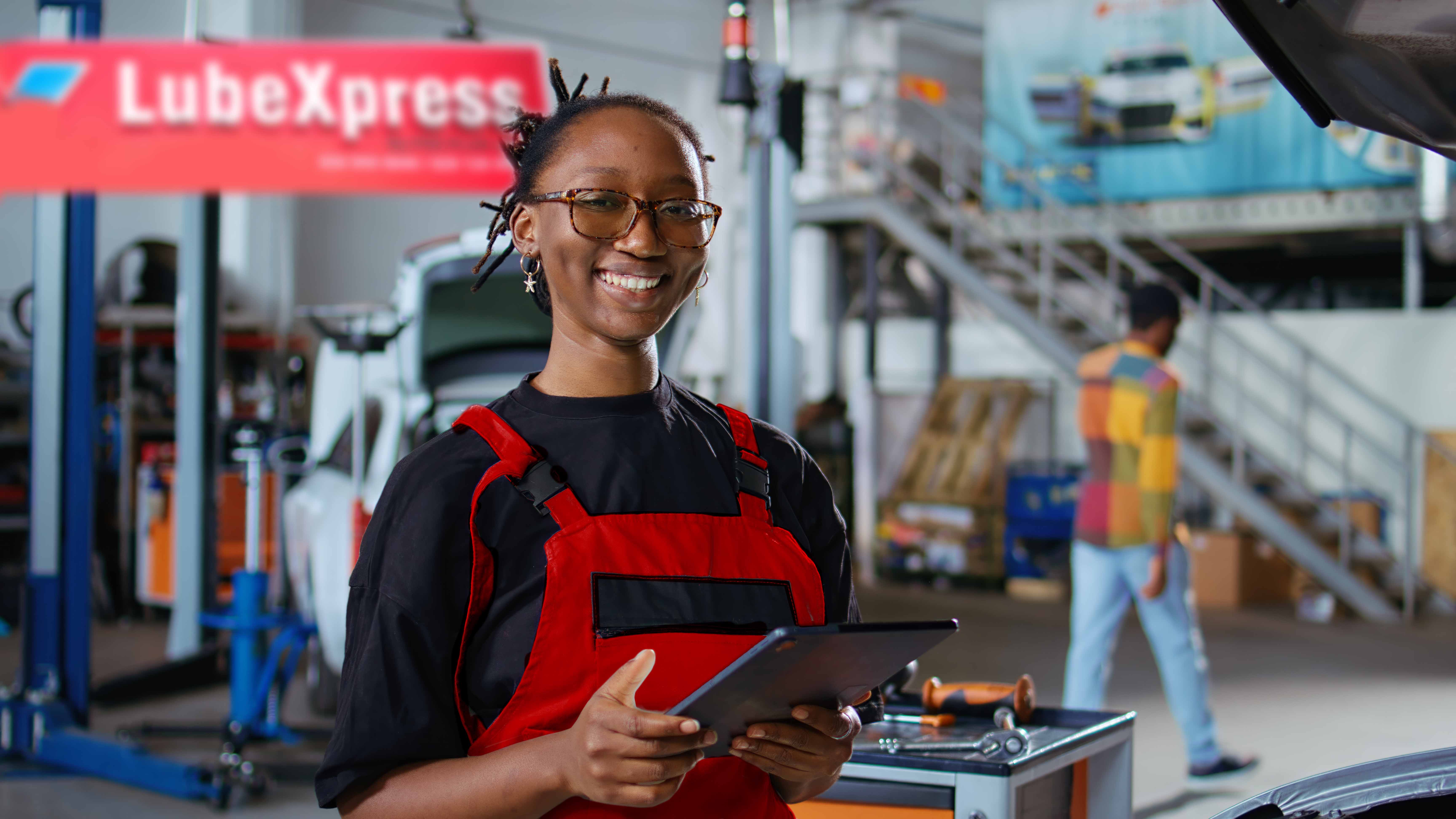 repairman showing customer car changes sm